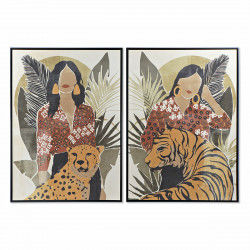 Schilderij DKD Home Decor Vrouw Tijger 104 x 4,5 x 144 cm Dier Tropisch (2...