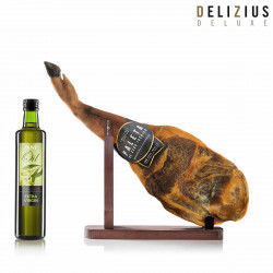 Set of Iberian Grain-Fed Ham Shoulder, Olive Oil and Ham Holder Delizius Deluxe