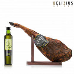 Set of Iberian Acorn-Fed Ham, Olive Oil and Ham Holder Delizius Deluxe